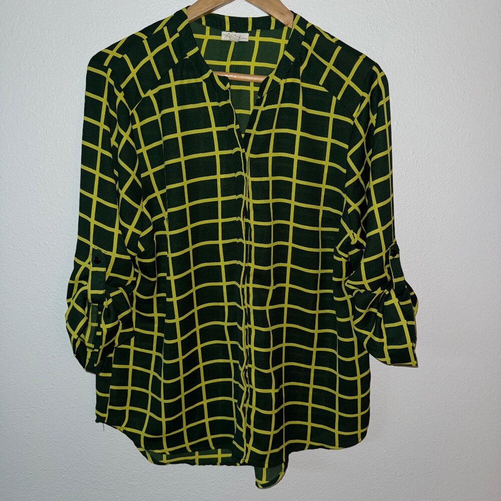 Antilia Femme  Forset Green Neon Yellow Checkered Striped‎ Blouse Size XL